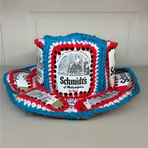 Vintage Schmidt Beer 1970’s Handmade Knit Crochet Beer Can Panel Cap Retro Hat